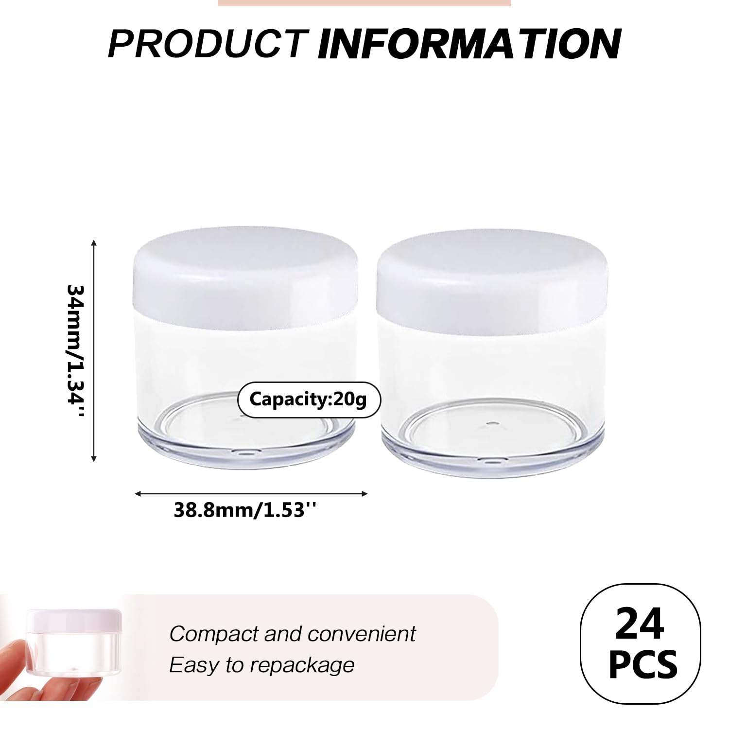 VASANA 24 contenitori vuoti vuoti in plastica trasparente da 20 g, 20 ml, con coperchio a vite in plastica bianca, per trucco, creme, lozioni, ombretto, unghie, polvere, gemme, perline, gioielli