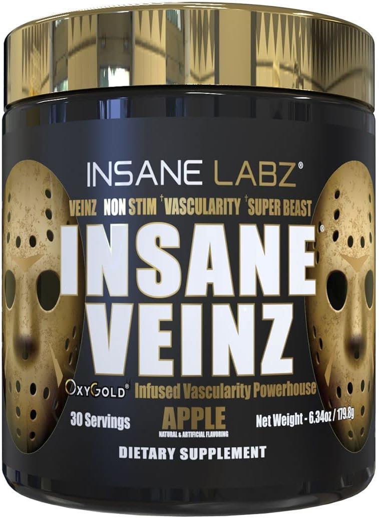 Insane Veinz Gold, Nitric Oxide Non Stimulant pre Workout Powder, Loaded with Hydromax, Nitrosigine, Increases Vascularity and Blood Flow, 30 Srvgs, Apple