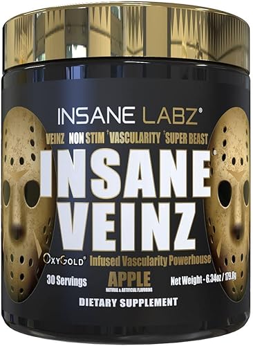 Insane Labz Insane Veinz Gold, polvo no estimulante de óxido nítrico para antes del entrenamiento, cargado con Hydromax, nitrosigine, aumenta la