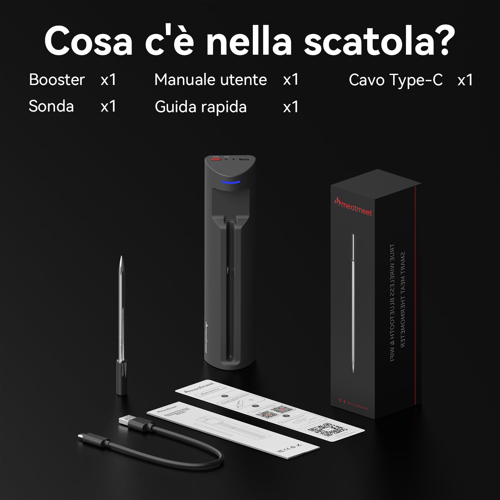 Termometro per carne Wi-Fi | Sonda wireless a lungo raggio per forno, grill, friggitrice ad aria, barbecue | Doppi sensori | IP67 impermeabile