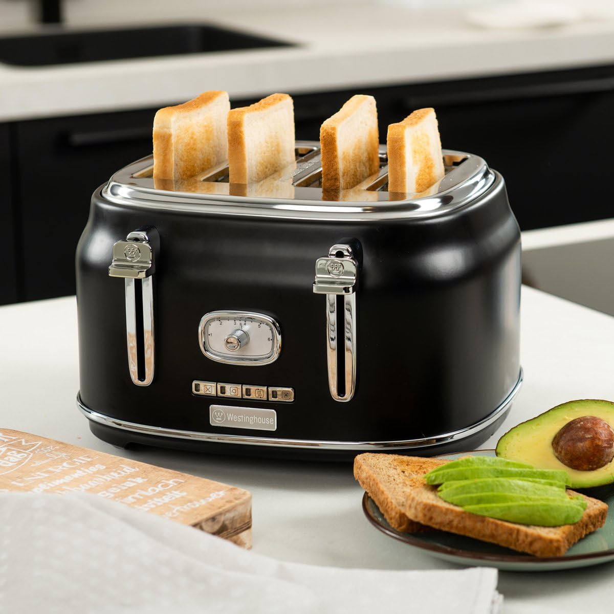 Westinghouse. Tostapane Retro WKTTB809BK Colore Nero | Capacità per 4 fette | 5 configurazioni | Bronzo regolabile | Griglia di riscaldamento e vassoio per briciole