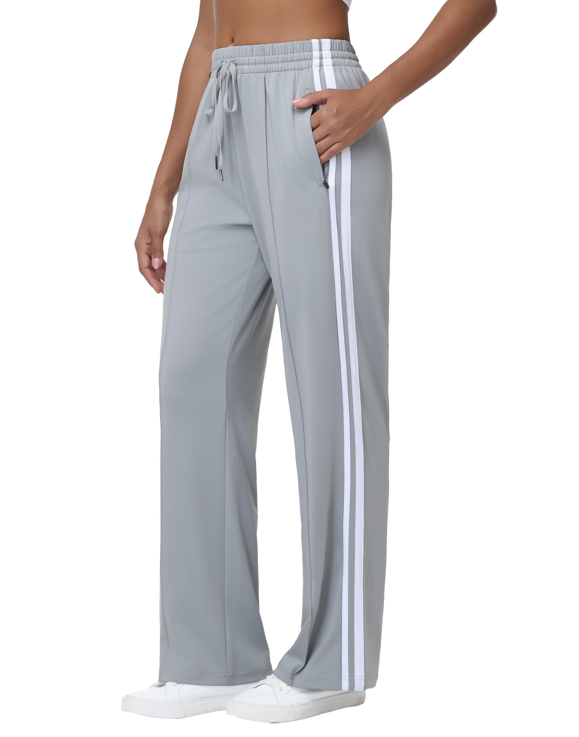 MIVEI Women's 28"/30"/32"/34" Inseam Track Pants | Loose Straight Leg Stripe Jogging Sweatpants with Zipper Pocket Warm-Up Athletic Running — Light Grey by Amazon