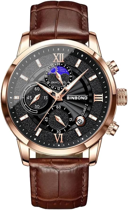 Relógio Masculino Pulseira de Couro Dial com Mão de Lua e Design Elegante Luxo Negócios para Homens com Luminoso Relógio para Homens