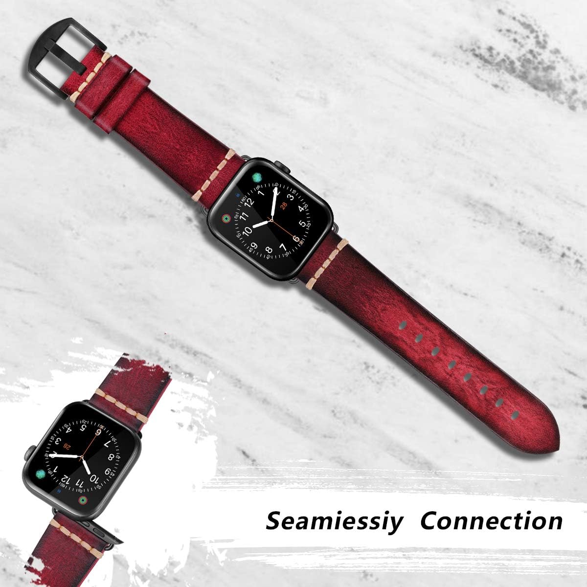 MroTech compatible with Apple Watch Band Ultra 49mm 45mm 44mm 42mm Band replacement iWatch Band Series 9 8 7 6 5 4 3 2 1 Band Genuine Leather Wide Strap Men Women Bracelet,42/44/45/49 mm Antique Red