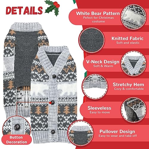 ABRRLO Dog Christmas Jumpers V neck Grey Puppy Cat Sweaters Cute Polar Bear Knitted Pet Clothes Xmas Costume Apparel for Small Medium Large Dogs(White Bear,L) - Image 3