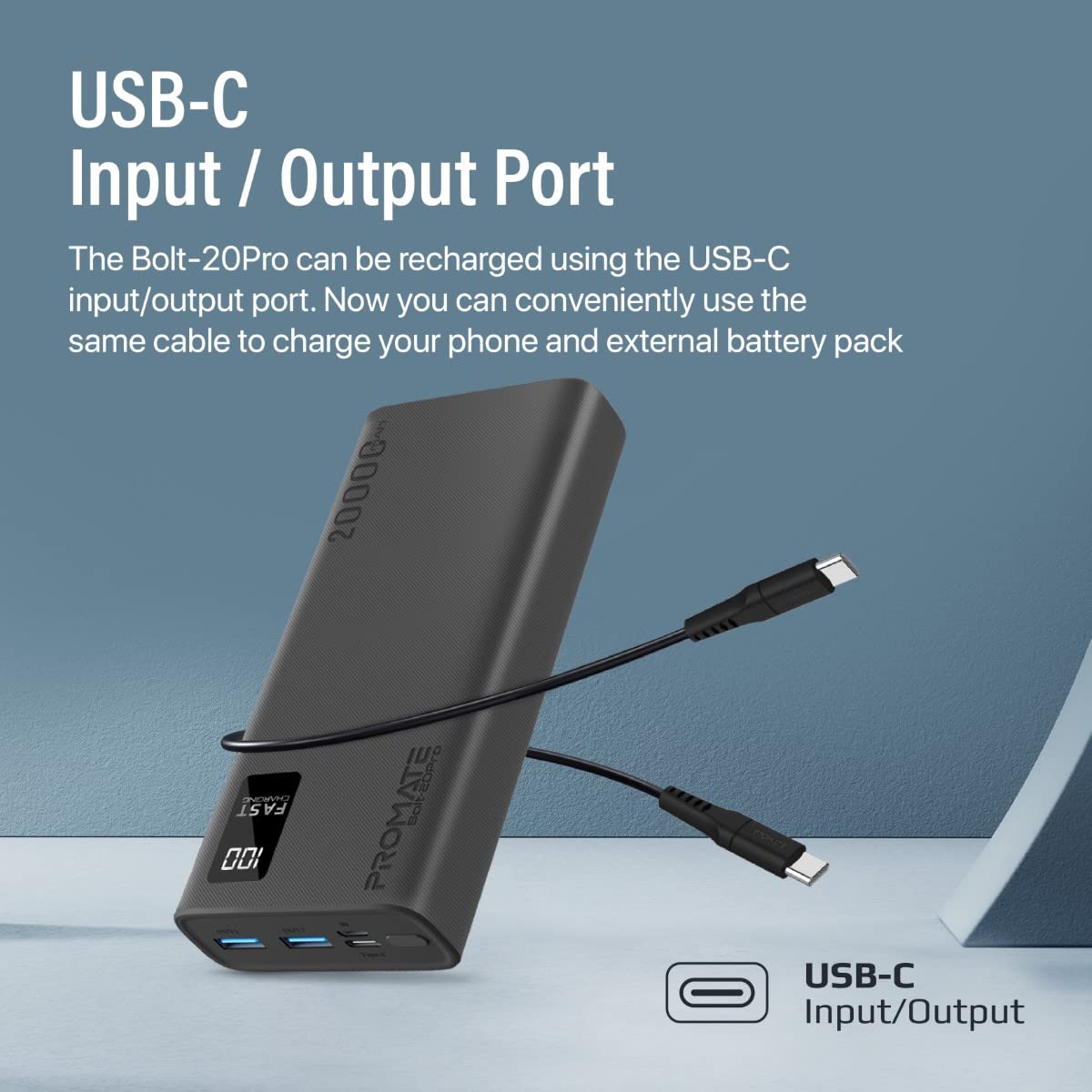 Batería Externa Bolt-20Pro Powerbank Ultra-Slim 20000mAh 3-en-1 Dos Puertos USB-A Puerto USB-C 10W Pantalla LED Inteligente Multiprotección Negro