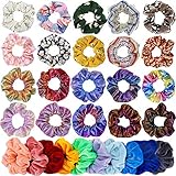 30 Pcs Hair Scrunchies for Girls - 10 Velvet Hair Scrunchies 10 Chiffon Flower Scrunchies 10 Shiny Metallic Elastics Hair Ties Ropes Scrunchie Ponytail Holder Hair Accessories