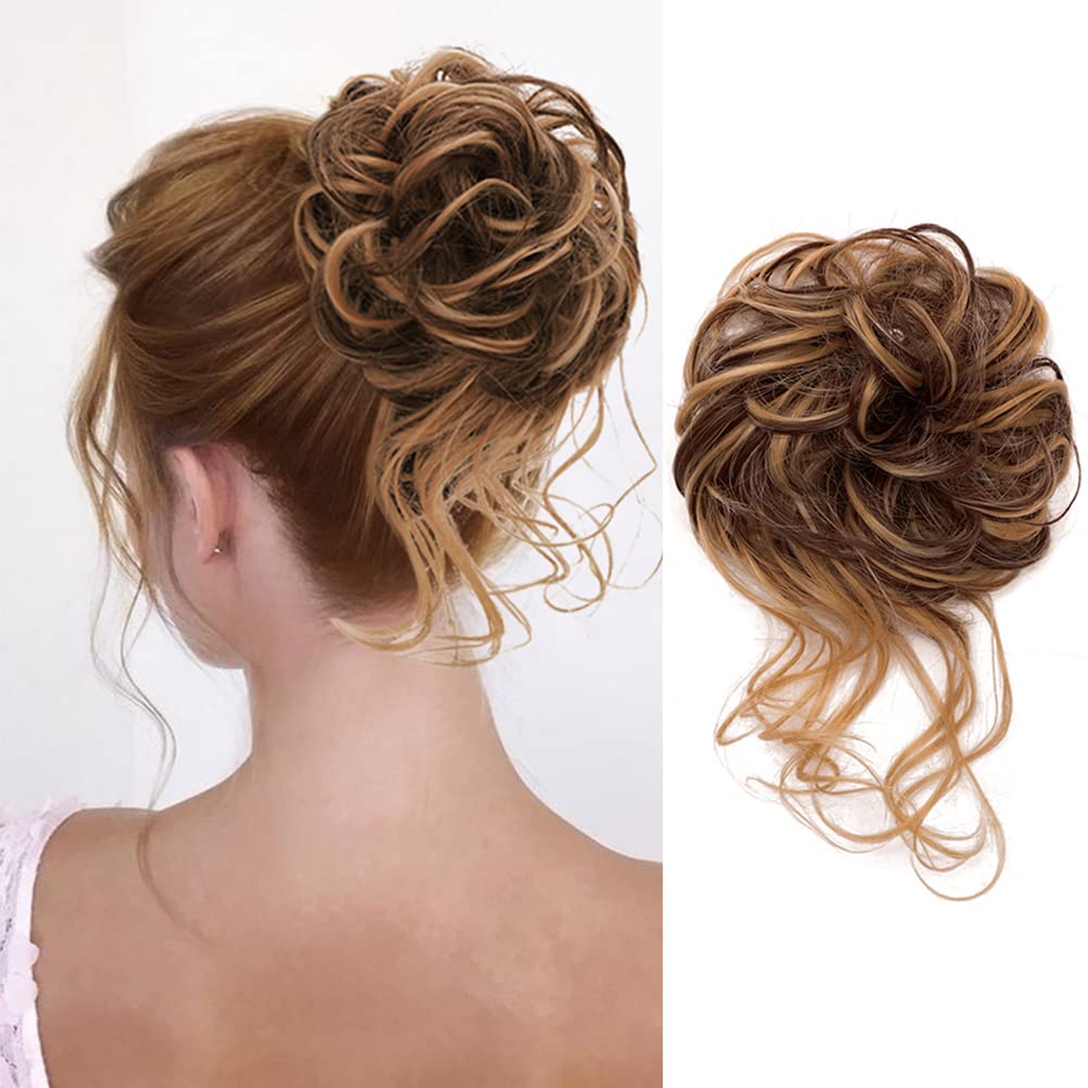 KETHBE Messy Bun Hair Piece Tousled Updo Hair Buns Extension Elastic Hair Band Hair Pieces Curly Hair Bun Scrunchie For Women (Dark Brown Mix Golden