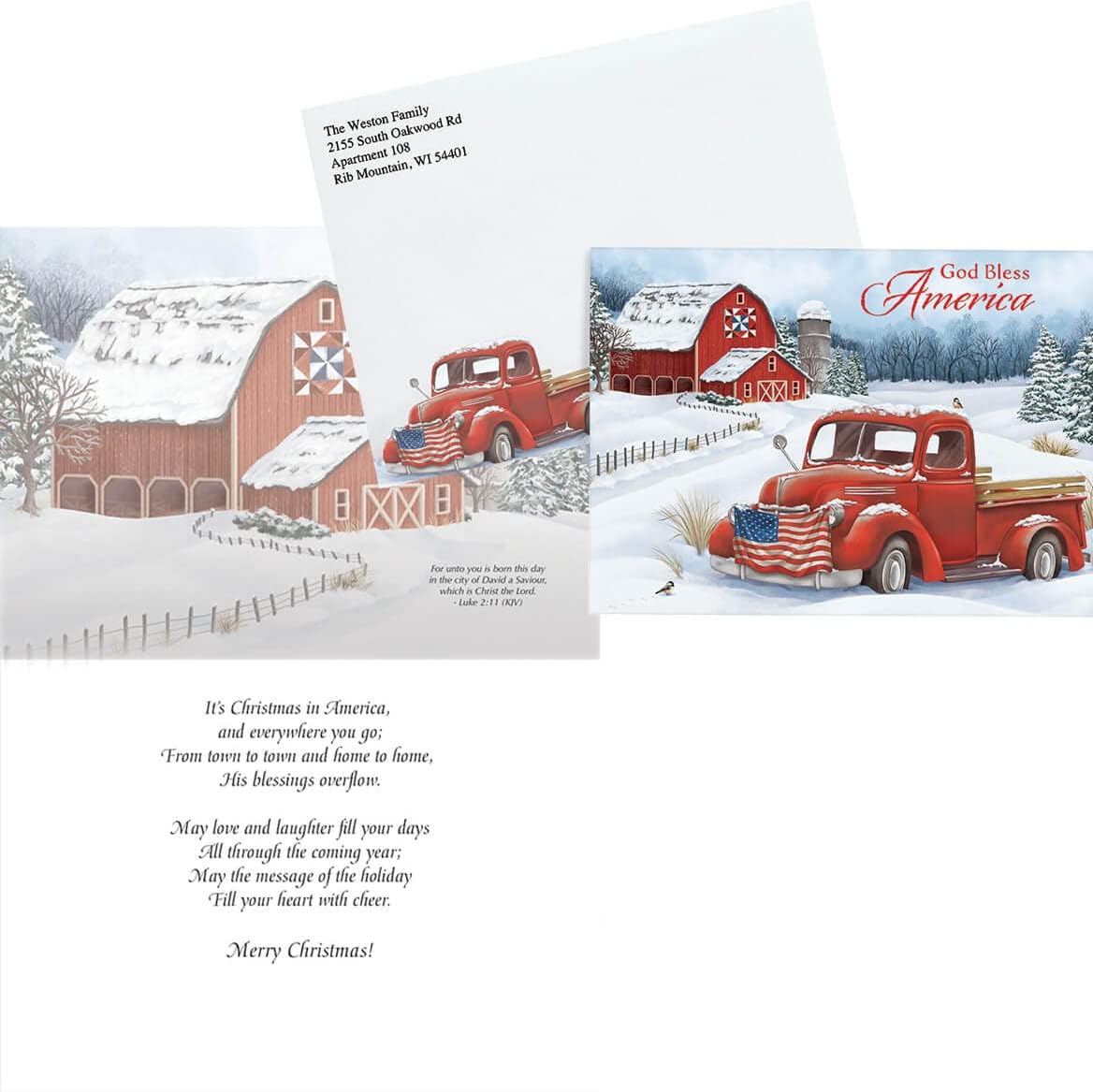 Fox Valley Traders Custom Christmas in the Country Cards Set of 20, Card and Back of Envelope Personalization