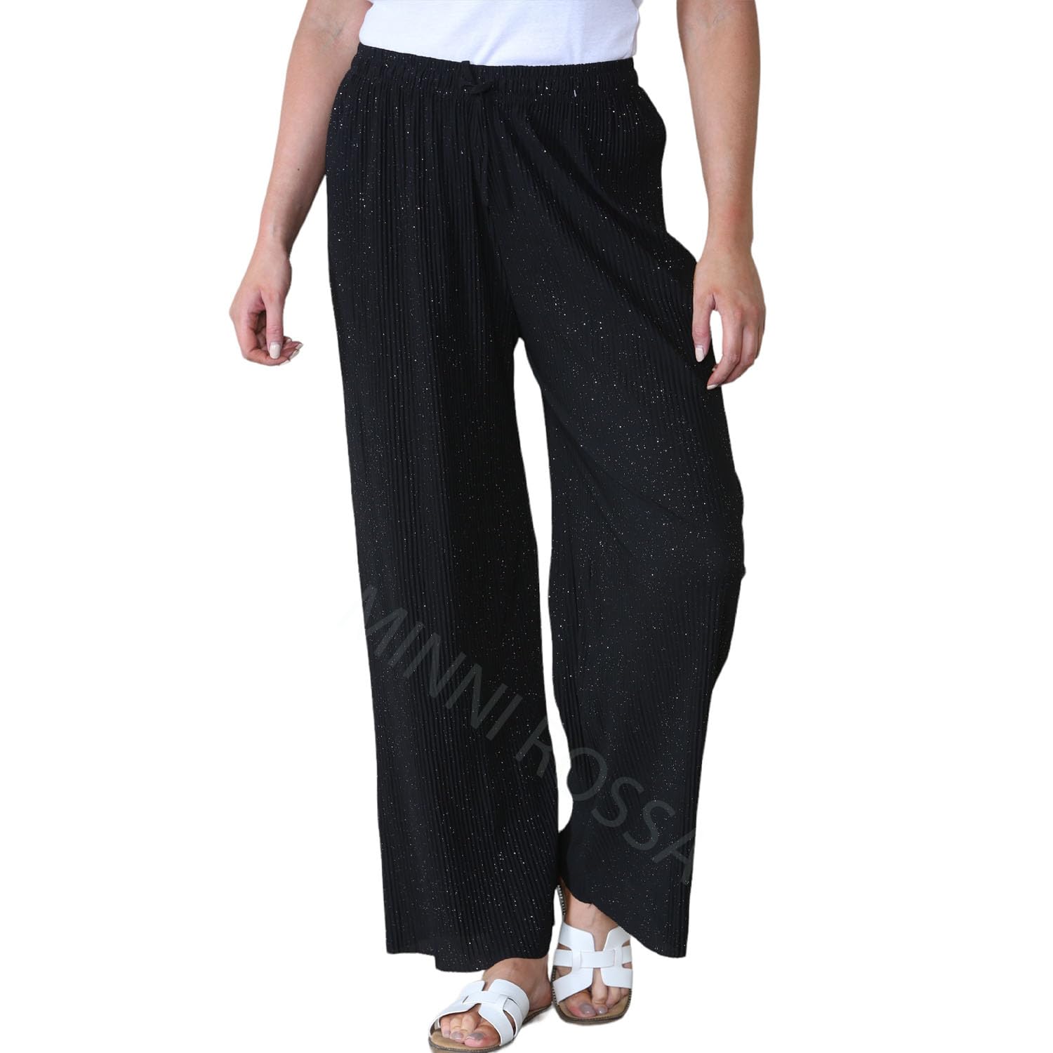 Minni Rossa Women's Glitter Button Down Sequin Palazzo Pants Sparkly Casual Pants Bling Party Clubwear Trousers (UK, Alpha, XXL, Regular, Regular, Black)