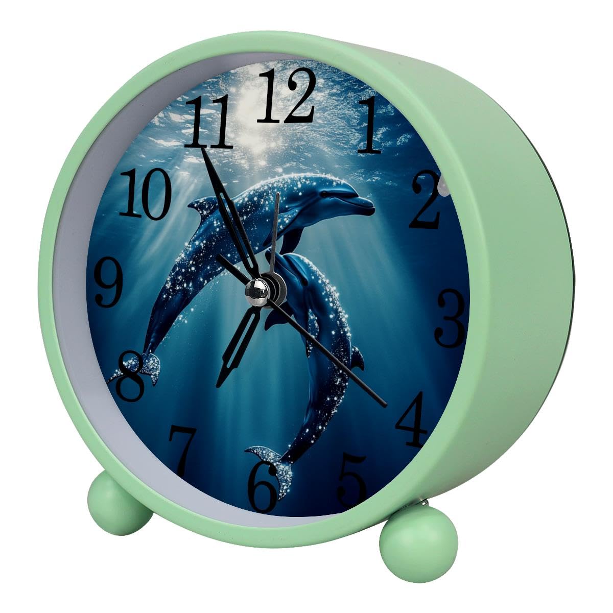 Luoweisi Alarm Clock Dolphin, Silent Non-Ticking with Night Light, Round Metal Alarm Clock for Office, Battery Operated, Bedroom, Elderly, Adults, Children, Student Gifts