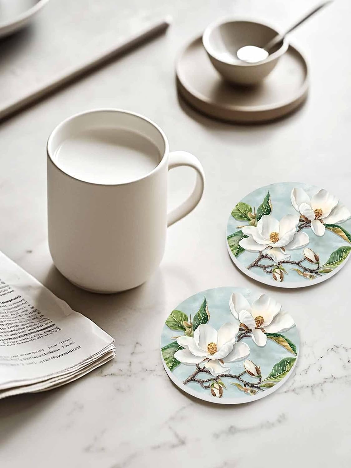 Spring Magnolia Coasters for Drinks Set of 6 with Holder, White Flower Vintage Ceramic Cup Mat, Absorbent Ceramic Stone Coasters with Cork Base for Coffee, Cups, Wooden Table, Home Decor 4 Inch