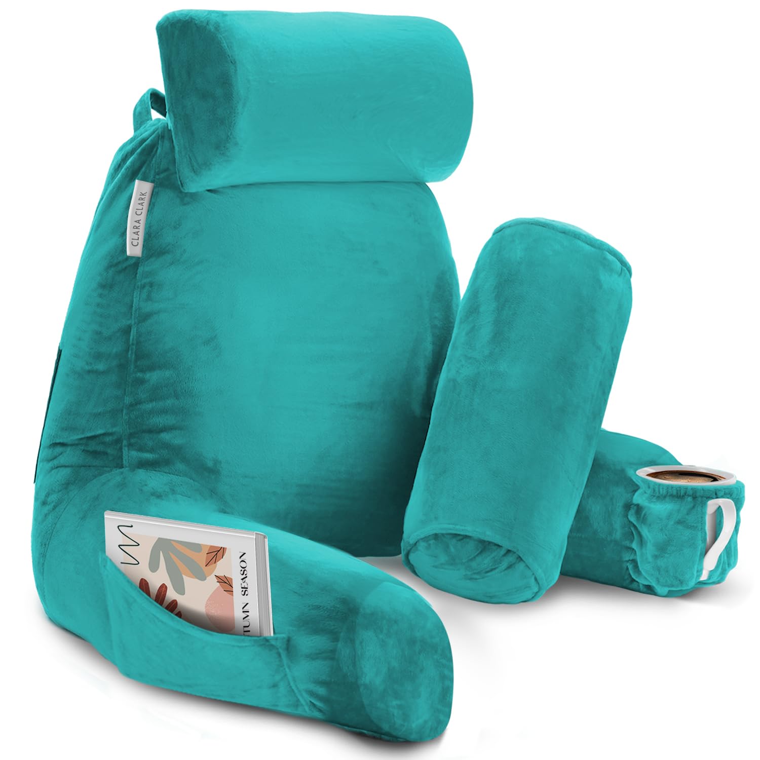Clara Clark Reading Pillow with Shredded Memory Foam Includes 2 Neck and Lumber Support Pillows, Designed for Sitting Up in Bed and Couch, Back and Arms Adjustable Support for Adults & Teens, Teal