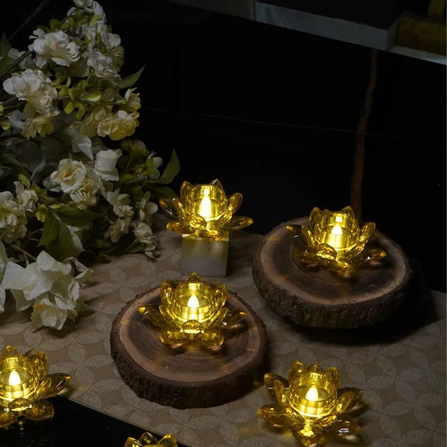 Crystal Lotus Tealight Candle Holder Set of 6 with LED Lights | Decorative Diya for Diwali, Home Decor, Pooja, Wedding & Festive Decoration | Acrylic Lotus Candle Stand (Golden)-picture-18