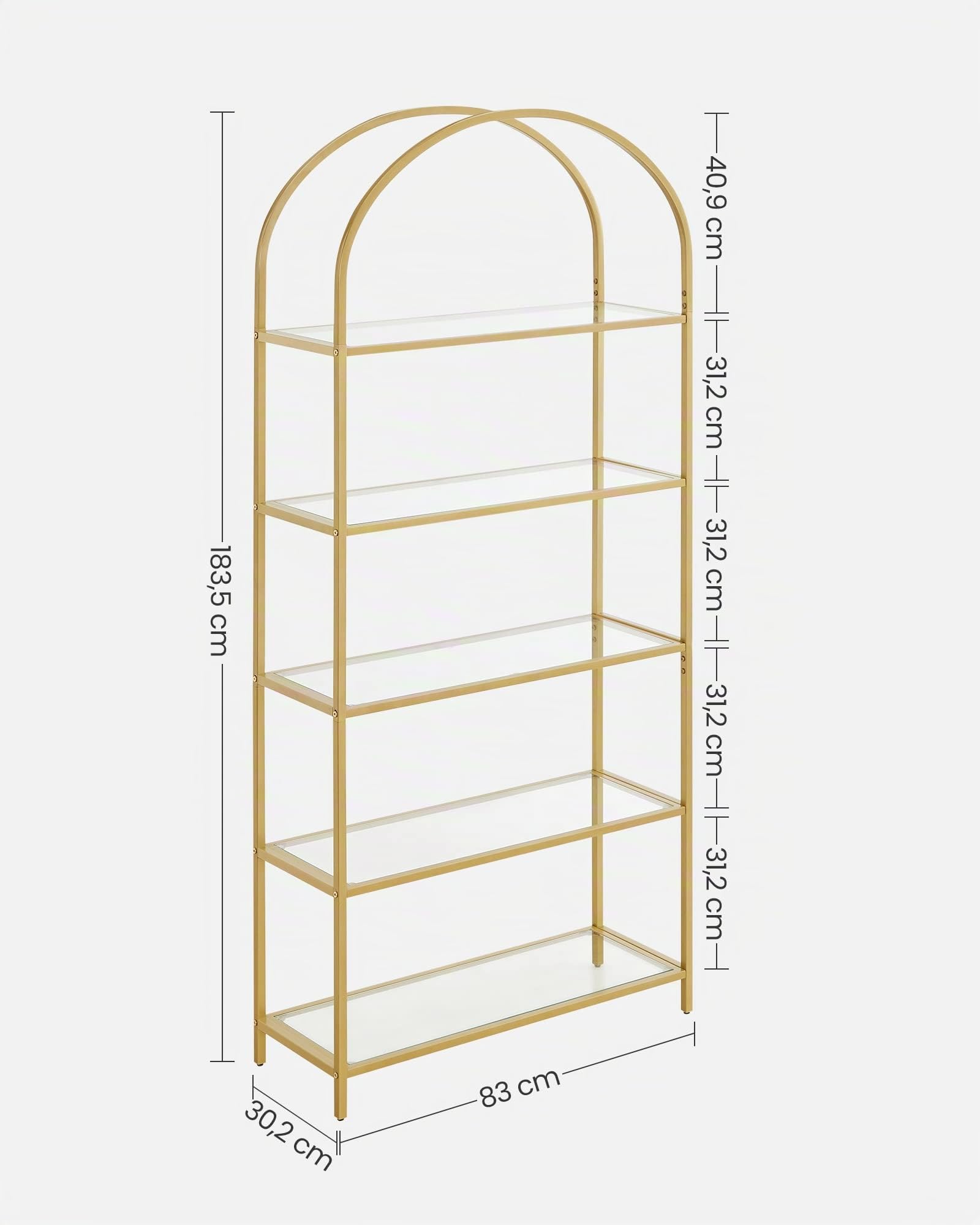 VASAGLE Scaffale Portaoggetti a 5 Ripiani, Libreria Scaffale in Vetro Temperato, Design ad Arco, Struttura in Metallo, per Soggiorno Camera da Letto Studio Bagno, Dorato e Trasparente LGT050A01