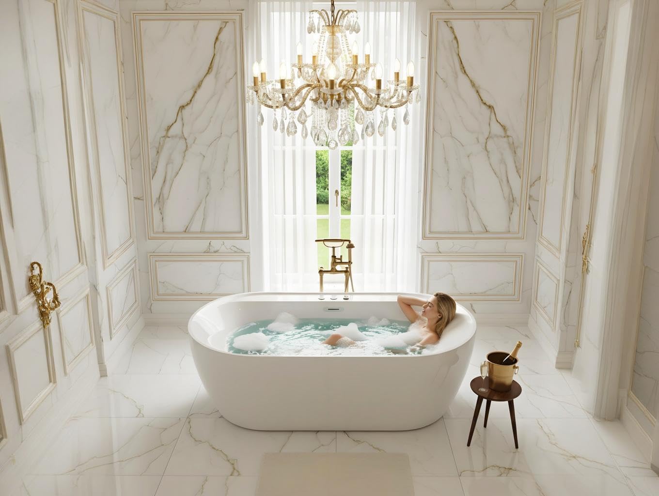 Acrylic Freestanding Bathtub, 71-Inch White Soaking Tub with Air Bubble Jets, Manual Control, Modern Stand-Alone Design for Bathroom