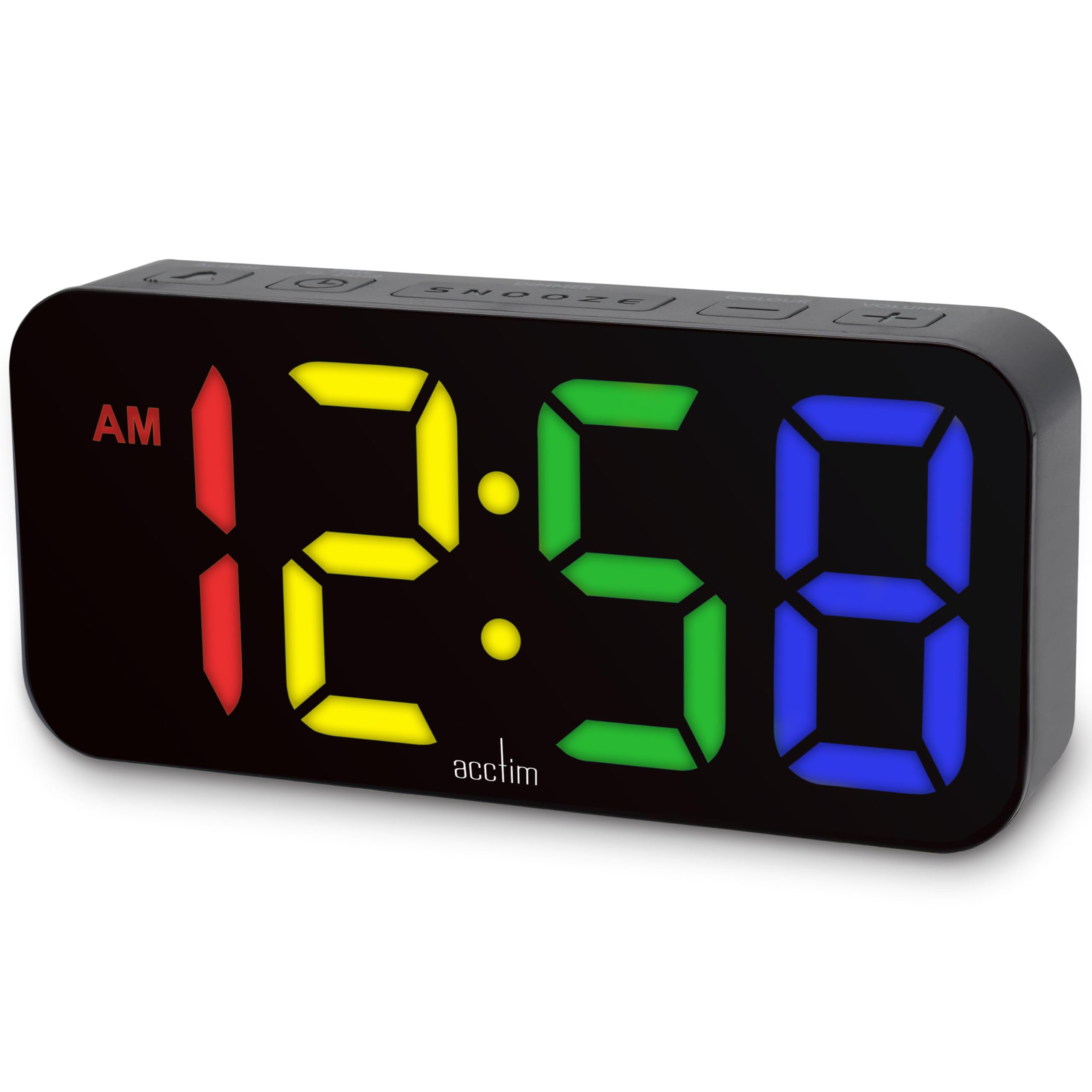 Acctim Ramone Black Digital Alarm Clock, LED Colour Changing Display, USB-C Mains Powered, USB-C Charging Port