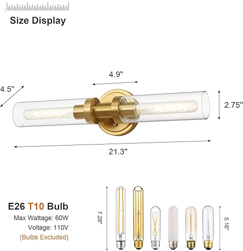 Miniatura 5 de Lámpara de tocador de baño de oro cepillado, lámpara de pared moderna de 2 luces con vidrio transparente, lámpara de montaje en pared de latón para