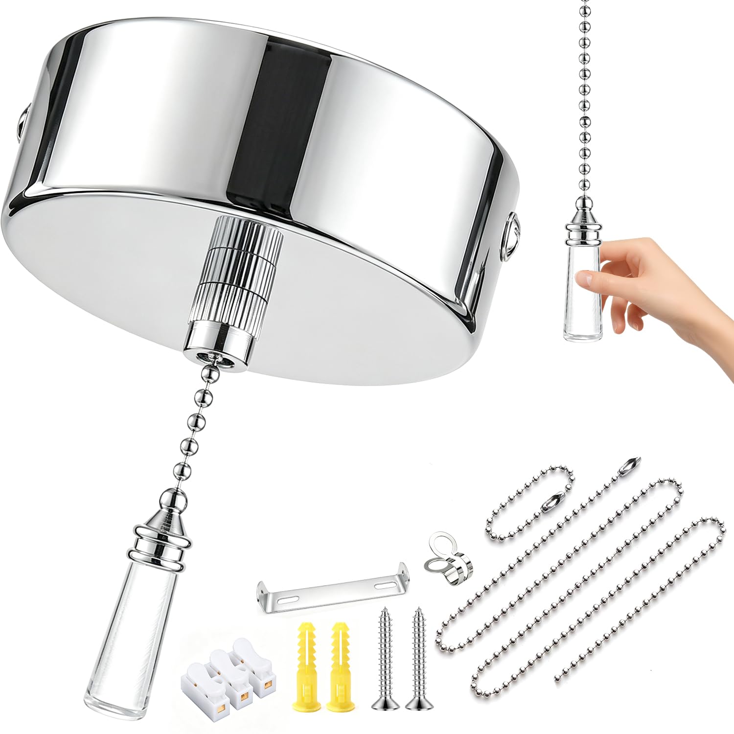Abnaok Pull Cord Light Switch Bathroom, Ground Wire, Light Pulls for Bathroom with Chain 150cm, Light Pull Handle for Family, Bedroom, Kitchen, Living Room, Hallway