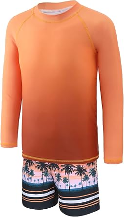 Boys Long Sleeve Rash Guard Swimsuits Kids Two Piece Sunsuits with Swim Trunks Swimwear Set