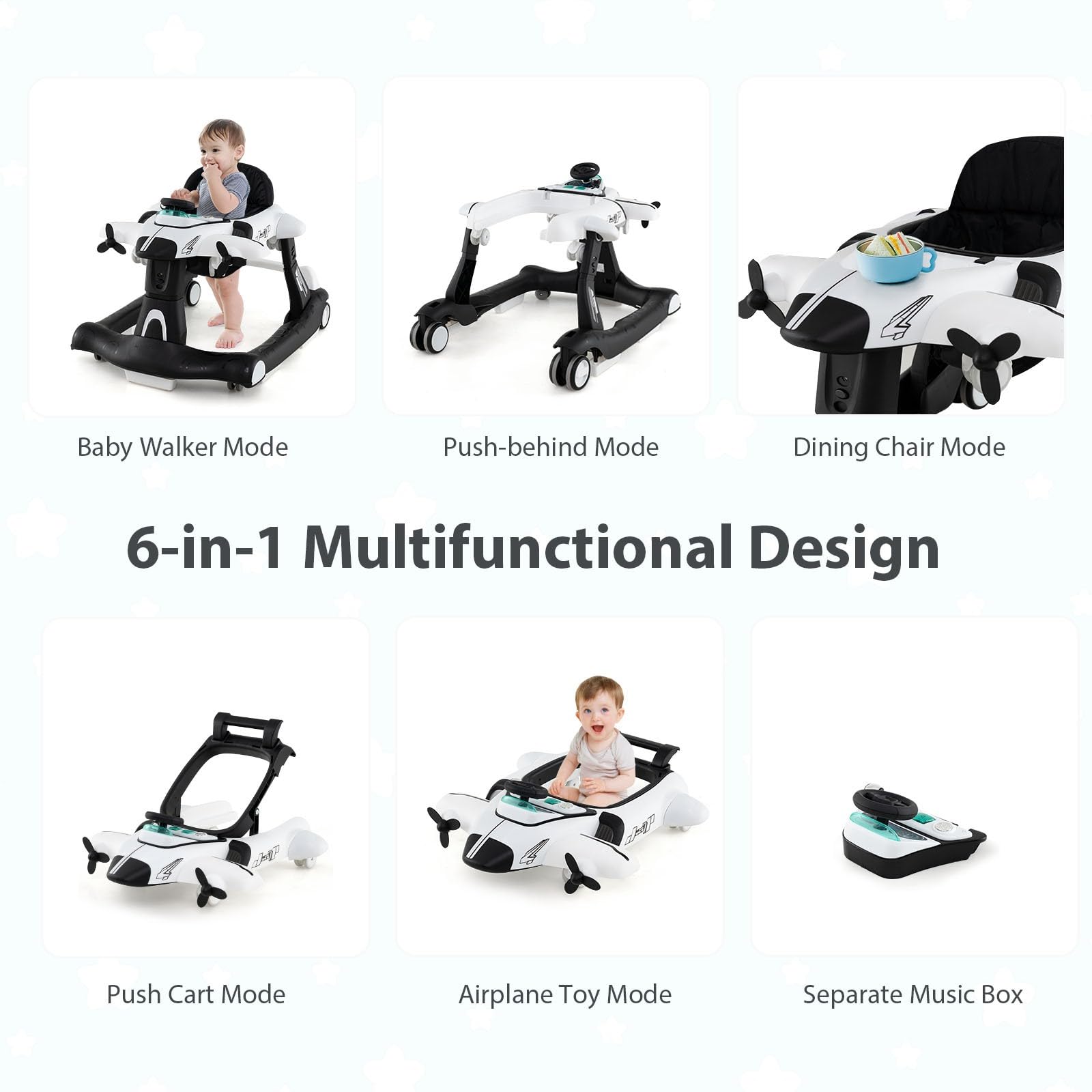 LIFEZEAL Girello per Neonati e Bambini 6-18Mesi, Primi Passi, Baby Walker, con Scatola Musicale, Vassoio per Mangiare, Ruote Silenziose, Altezza, Velocità Regolabili, Pieghevole, Trasformabile, Bianco