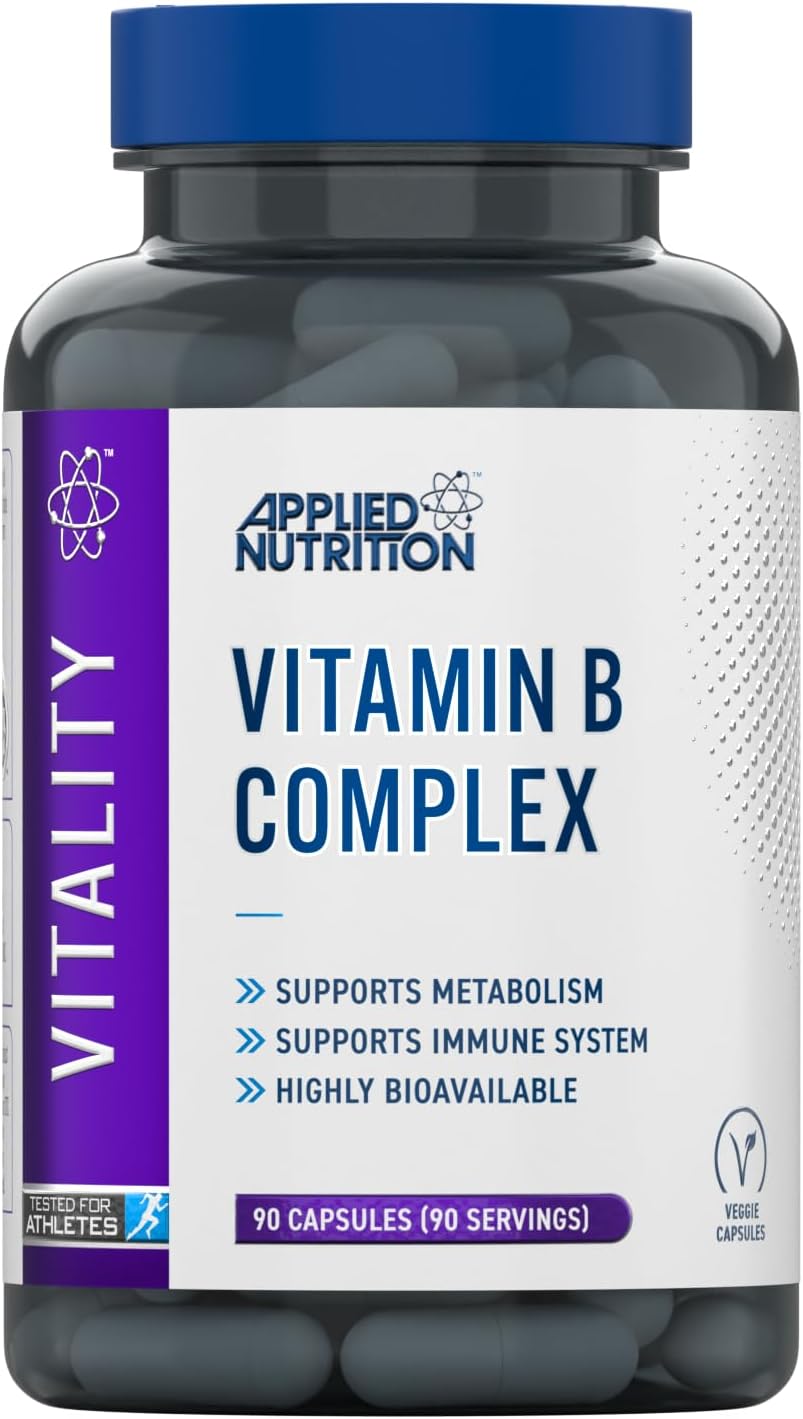 Applied Nutrition Vitamin B Complex High Strength, 90 Vegan Capsules, B1, B2, B3 Niacin, B5, B6, B7 Biotin, B9 Folic Acid, B12, with Choline, Inositol, PABA, Energy and Immune Support, Halal, UK Made