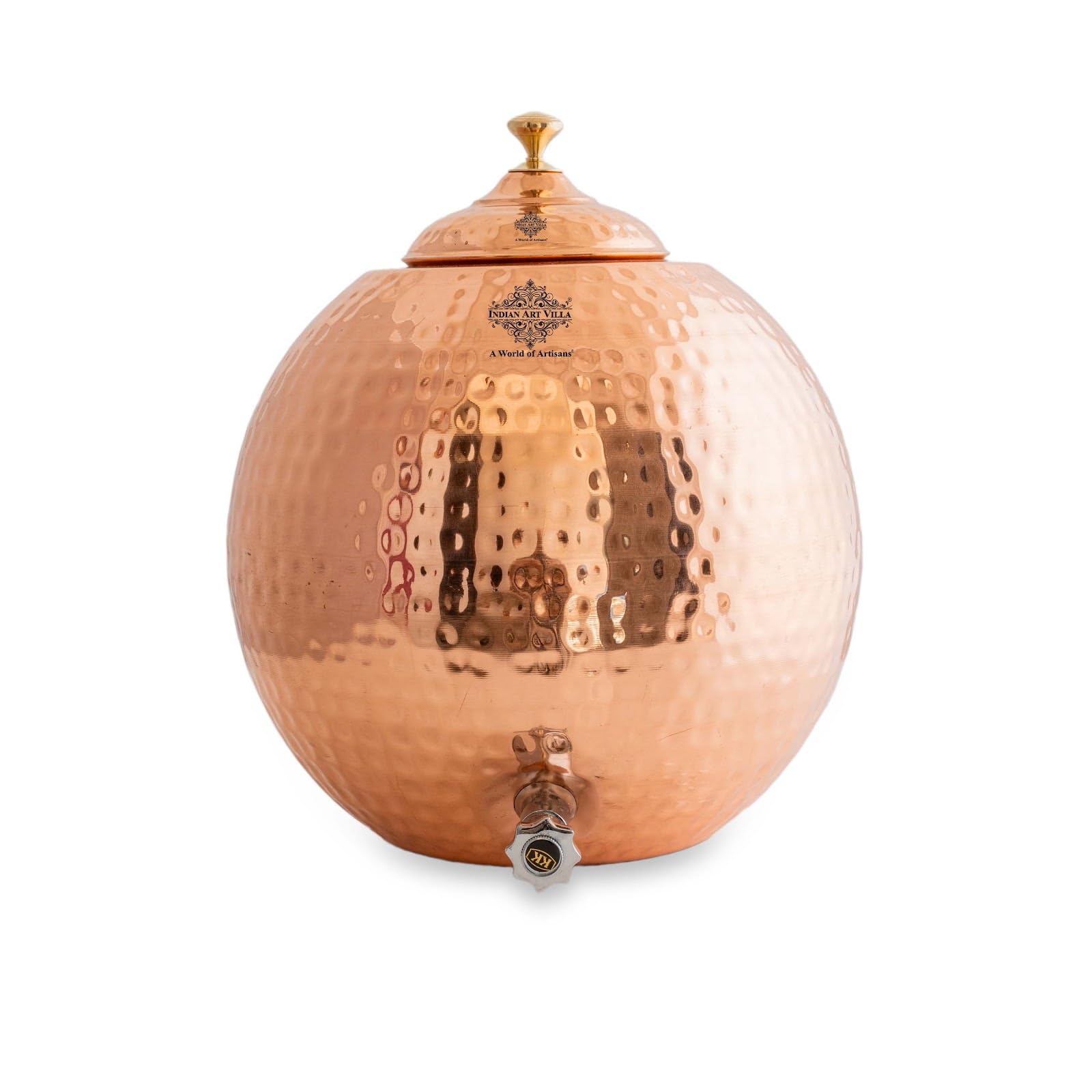 Indian Art Villa Pure Copper Hammered Design Matka Lid With Brass Tap and Knob Drinkware Storage Purpose Volume-