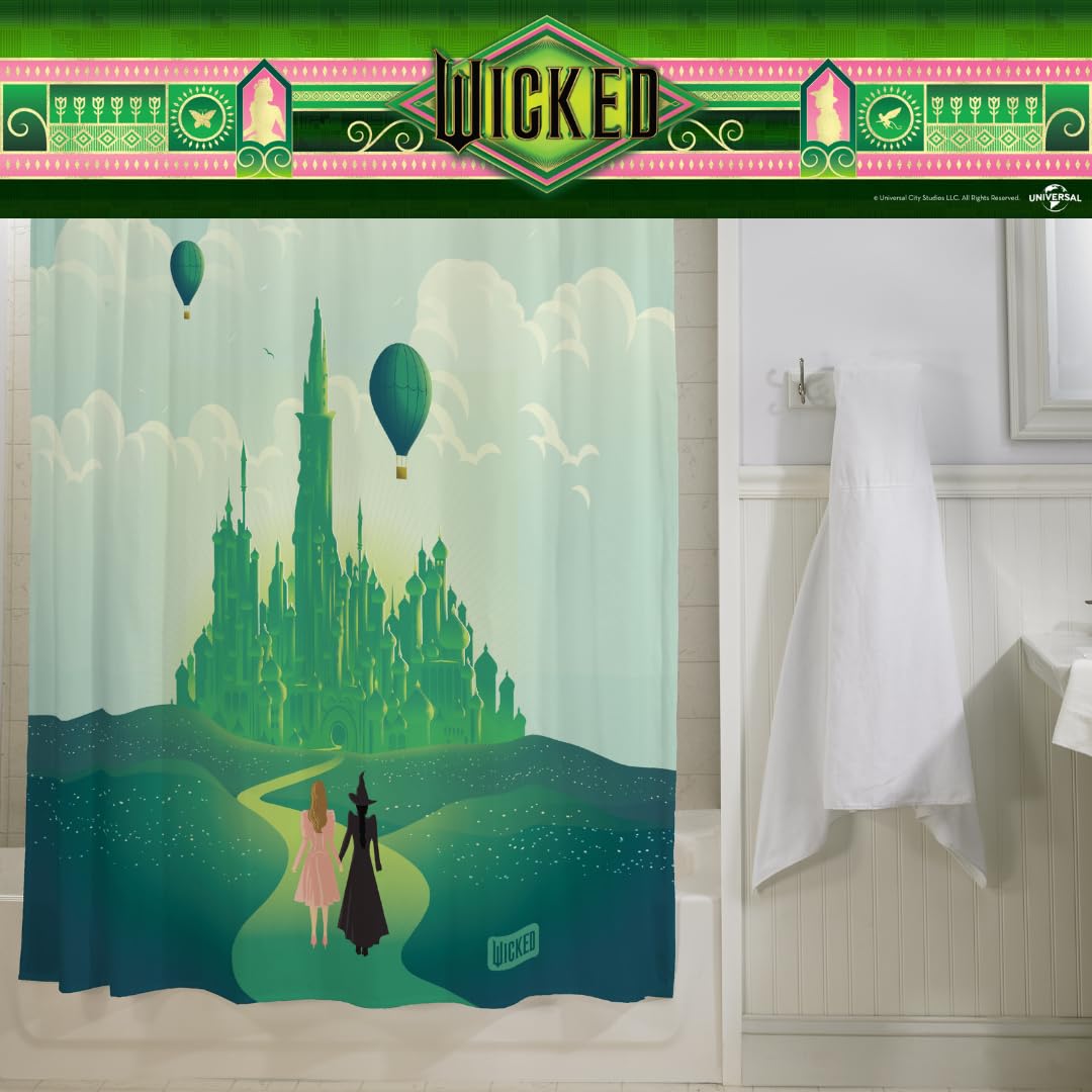 Franco Collectibles Wicked Elphaba & Glinda - Juego de Cortina de Ducha y Anillos de Microfibra de 13 Piezas, 70 x 72 Pulgadas (Producto Oficial)