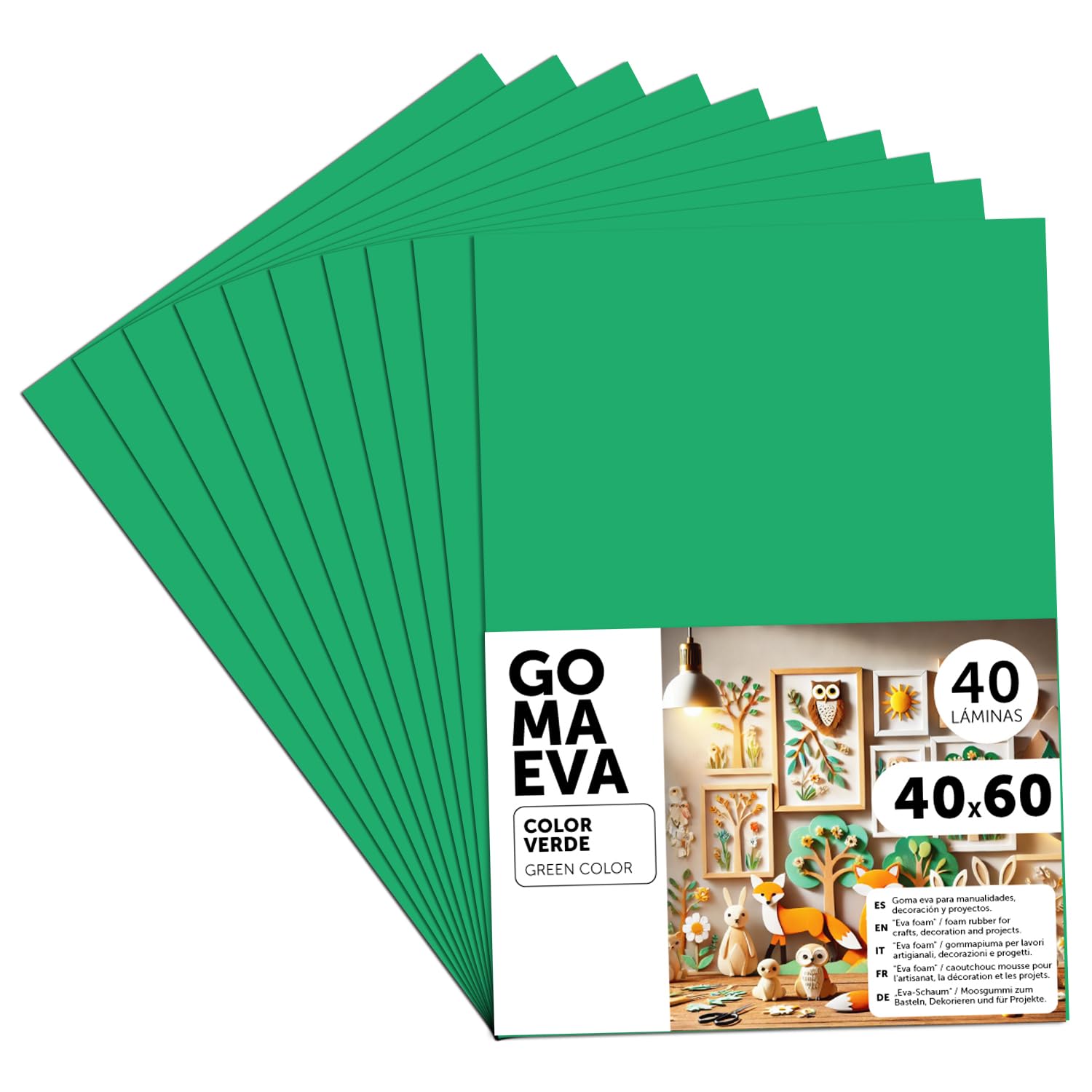 m-office Goma Eva para Manualidades, Goma Espuma de Colores para Proyectos Creativos, Ideales para Artes y Manualidades, uso Escolar, Profesional o Artístico 40x60cm (Verde, 40 uds)