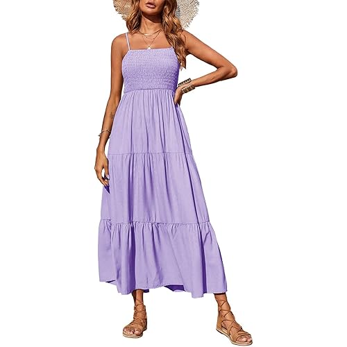 PRETTYGARDEN Women's Summer Maxi Dress Casual Boho Sleeveless Spaghetti Strap Smocked Tiered Long Beach Sun Dresses