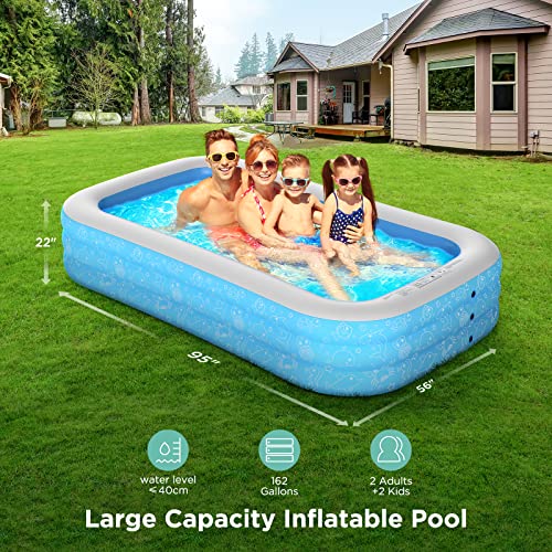 Inflatable Swimming Pool For Kids - 95"X56"X22" Full-Sized Family Blow Up 8Ft Pool For Kids, Kiddie, Toddlers, Adults, Rectangle Above Ground Pool Piscinas Outdoor Garden Backyard Water Party #TOP3