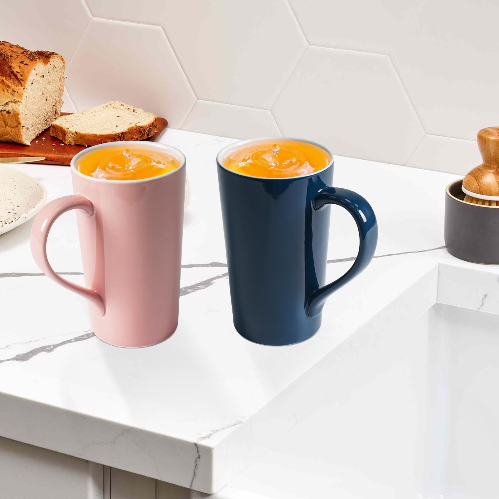 Taza simple de 20 onzas de color rosa y azul puro (juego de 2) taza de café con leche grande y alta de cerámica con asa como regalo para papá, mamá, amigos, 2 unidades