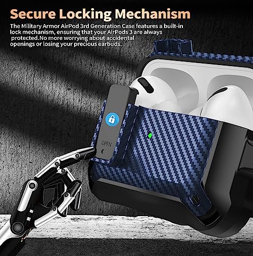 Image of Olytop for Airpods 3rd Gen Case with Lock 2021, Rugged Apple Airpods 3rd Generation Case Men Women, Armor Shockproof iPod 3rd Gen Case Protective Hard Shell with Carabiner&Cleaner kit, Black /Blue