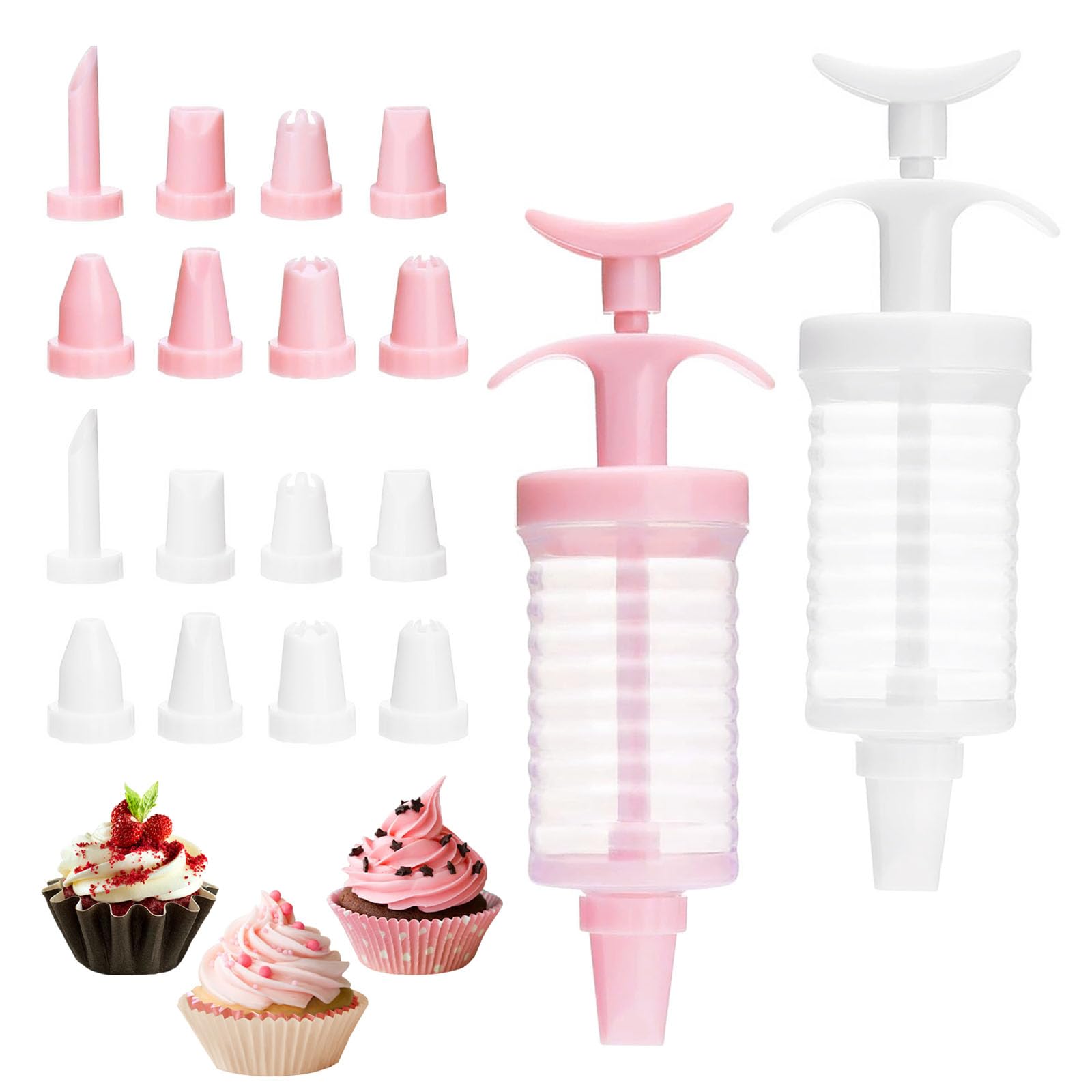 Icing Syringe and Nozzles Set, 2 Set Icing Piping Kit, Icing Syringe Set with 16pcs Plastic Piping Nozzle, Cake Decorating Kit for Cookie Cupcake Baking Lover Gift(White+Pink)