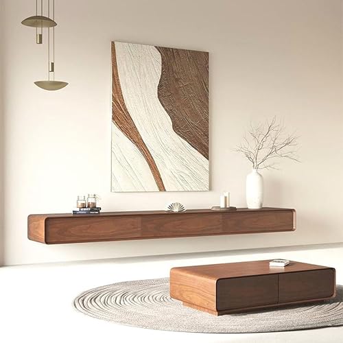 Miniatura 2 de Soporte flotante de TV de 63.0-94.5 in, gabinete flotante con cuatro cajones, madera maciza marrón, centro de consola de entretenimiento moderno,