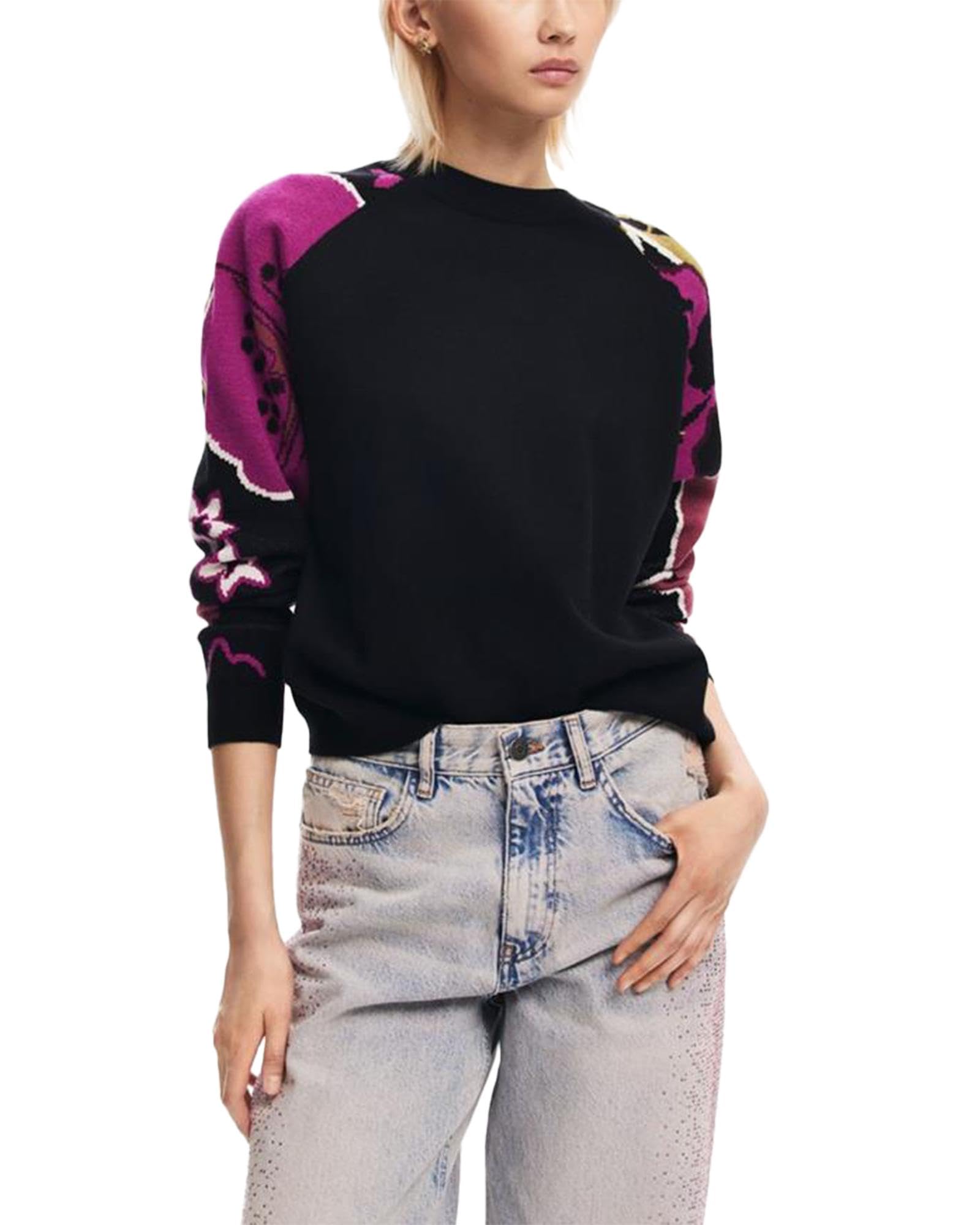 Desigual Women's Woman Flat Knit Thin Gauge Pullover Sweater Black