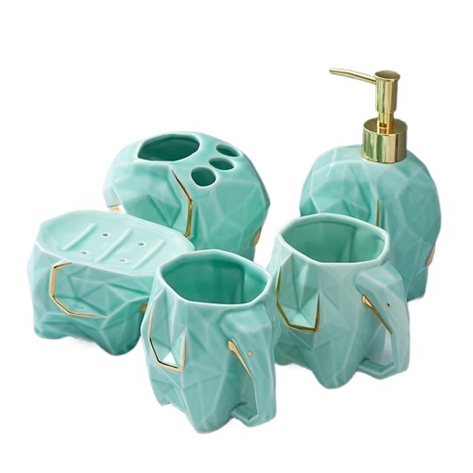 Soap Dish Set Elephant Bathroom Wash Set Mouth Cup Toothbrush Holder Lotion Bottle & Soap Dish For Organization(Light green 5pcs)