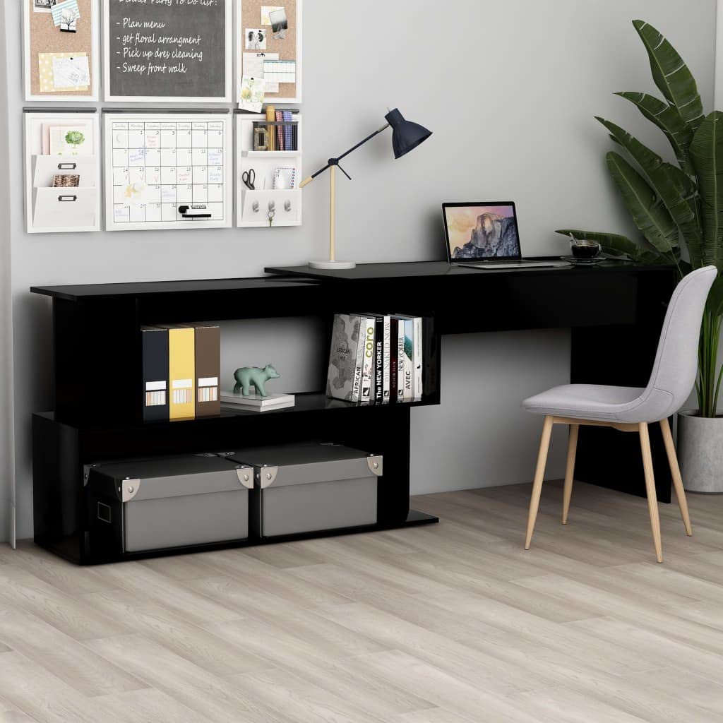 Scrivania angolare in legno nero, 200 x 50 x 76 cm, girevole con scomparti aperti, scrivania da ufficio per casa e studenti, tavolo da lavoro compatto, scrivania per computer moderna per