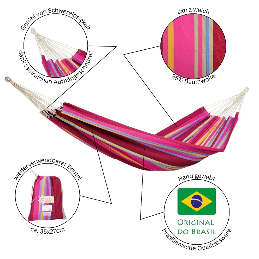 Amazonas Brazylijski hamak XL Barbados Grenadyna 230 x 150 cm dla 2 do 3 osób do 200 kg kolorowe paski długość całkowita 340 cm