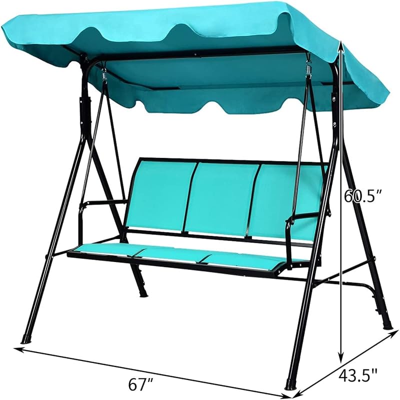 TANGKULA 3 Person Patio Swing, Steel Frame with Polyester Angle Adjustable Canopy, All Weather Resistant Swing Bench, Suitable for Patio, Garden, Poolside, Balcony (Turquoise) image 5