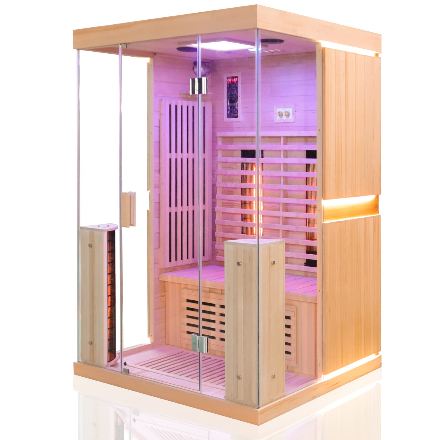 Dewello® Infrarotkabine Infrarotsauna Kingston 130cm x 105cm für 1-2 Personen aus Hemlock Holz mit verstellbaren Vollspektrumstrahlern, LED-Farblicht, Bluetooth, FM,MP3,USB