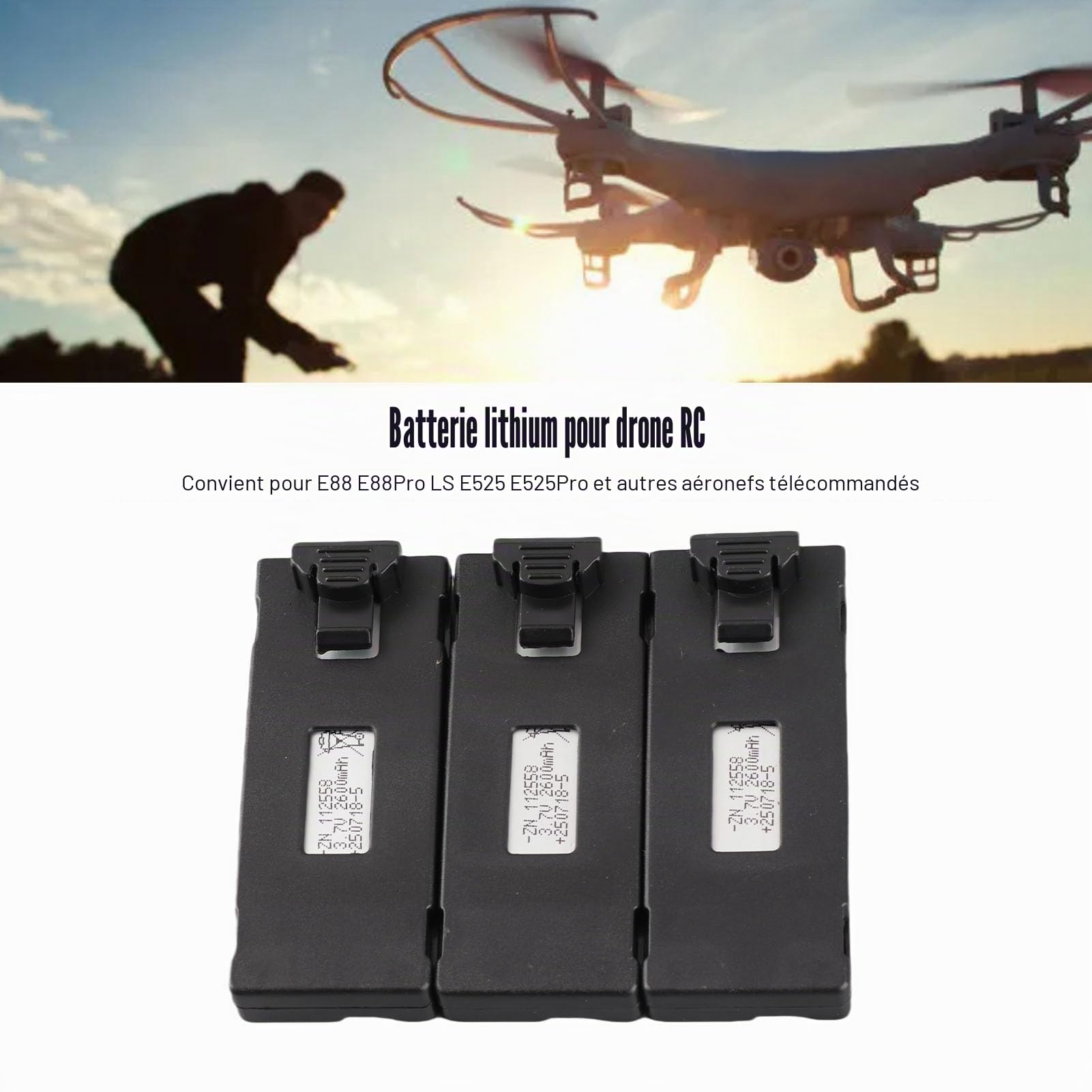 Batterie d'avion RC, 3,7 V 1800mAh 2600mAh Kit de Batterie au Lithium Batterie Lipo avec Câble de 3 en 1 pour E88 E88Pro LS E525 E525Pro, Batterie au Lithium pour Drone RC