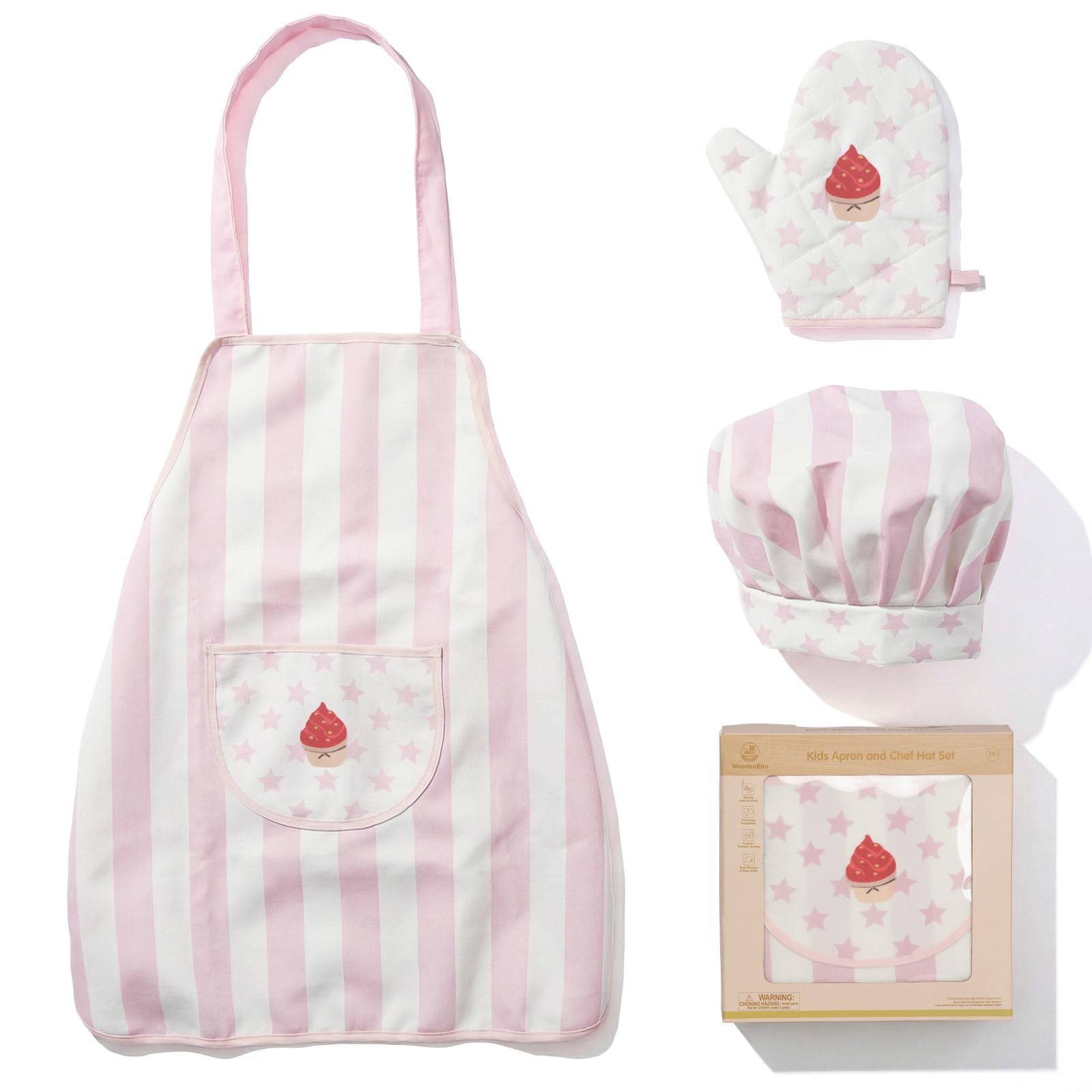 Woodenfun Pink Children's Apron Set With Chef Hat, Star Pattern Cooking Gloves,