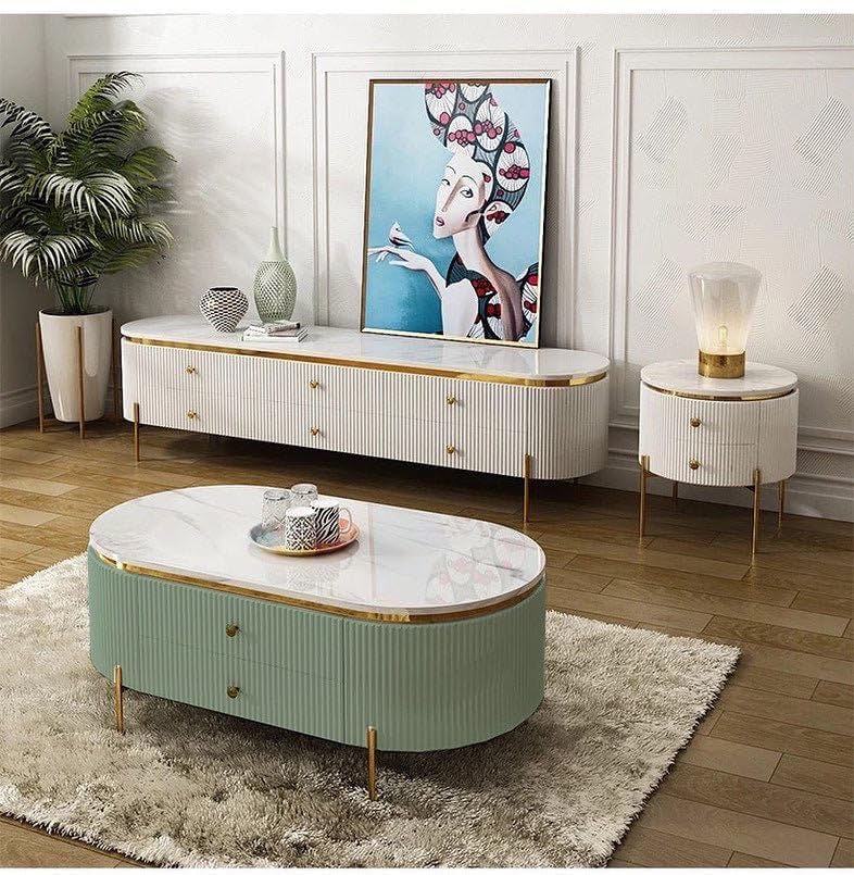 Image of Tesla Centre Table, White Marble Top with Gold Trim, Oval Modern Coffee Table with 2 Drawer Storage, Waterproof Plywood Base, PVD Metal Legs, for Living Room (Sky Blue)