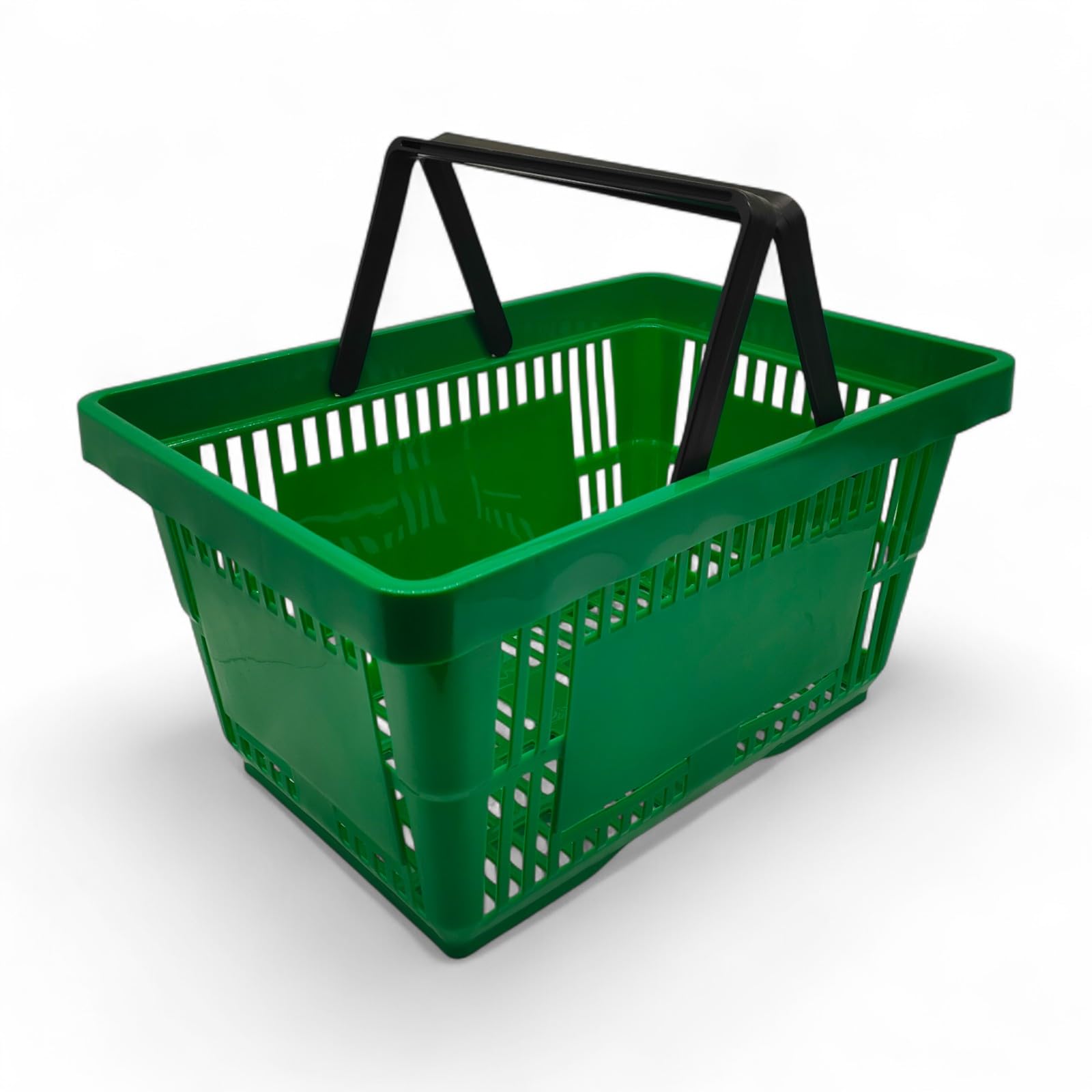 1x Green 28 Litre Plastic Shopping Basket with Handles Heavy-Duty HDPE Basket for Retail, Grocery & Convenience Stores Lightweight, Stackable
