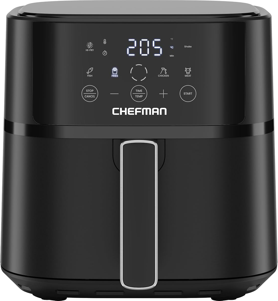 Chefman 5,7L Heißluftfritteuse, schnell & einfach, kompakte Heissluftfritteuse mit Hi-Fry Technologie, Touch Controls mit 4 Voreinstellungen, antihaftbeschichtet & spülmaschinenfest - Schwarz