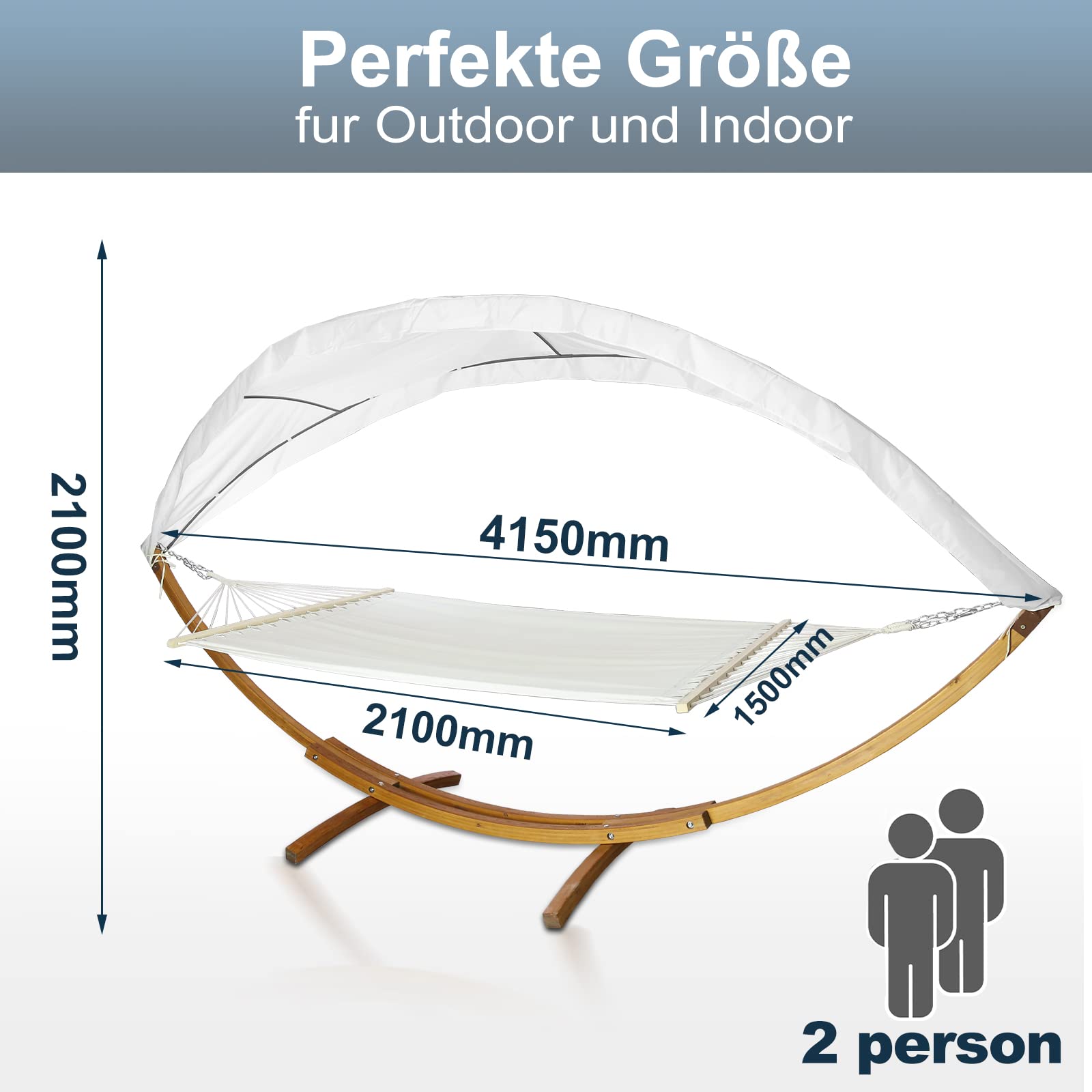 Hängematte mit Gestell und Sonnendach, Hammock aus wetterfestem Lärchenholz, bis 200kg, Stabhängematte für 2 Personen Outdoor und Indoor