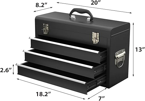 Miniatura 9 de Caja de herramientas de acero de 3 cajones, caja de herramientas portátil de metal con bandeja de almacenamiento superior y asa de transporte,