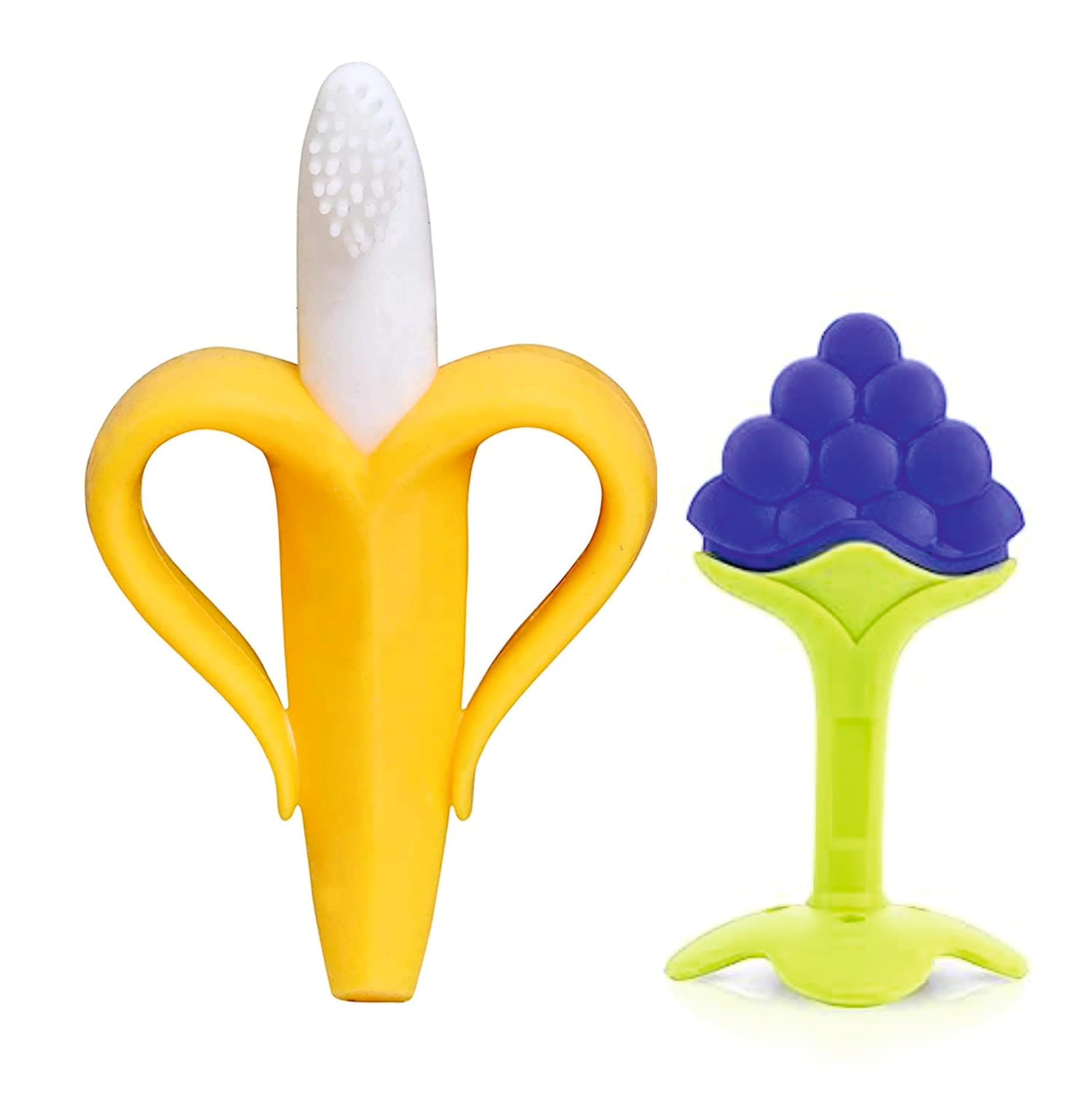 Roforuf Baby Banana Shape Teether 1pc & Grape Fruit Shape Teether 1pc for Newborn, Babies, Infant Toothbrush, Ergonomic Grip and Dust-Resistant (Pack of 2) (Banana & Grapes)-image-1