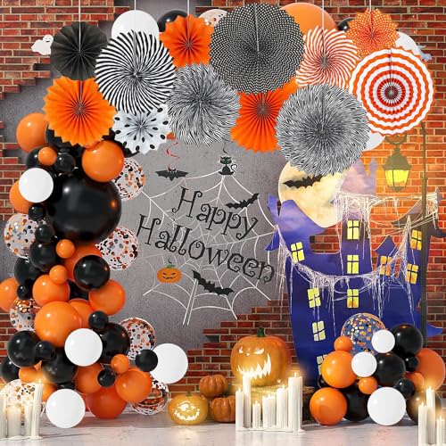 Image of Rozi Decoration Halloween Theme Balloons Garland Decorations Items with Black & Orange Hanging Paper Fan Decorations for Halloween Theme Birthday Parties Decorations Pack of 90 Pcs